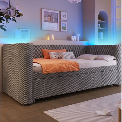 Cama daybed de terciopelo gris 90x200 cm convertible en 180x200 cm con LED y somier de láminas (1/5)