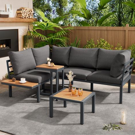 Salon de jardin bas, Ensemble canapé d'angle avec table basse convertible pouf et table d'appoint, Mobilier de terrasse balcon extérieur en acier galvanisé et bois composite, Gris et noir