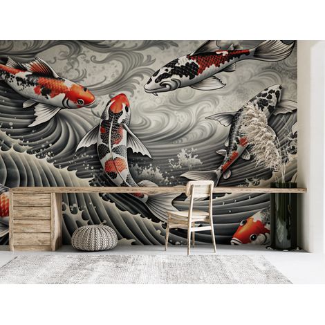 Papier peint animaux - carpes koï japonaises en noir et blanc - 150 x 250 cm (1/2)