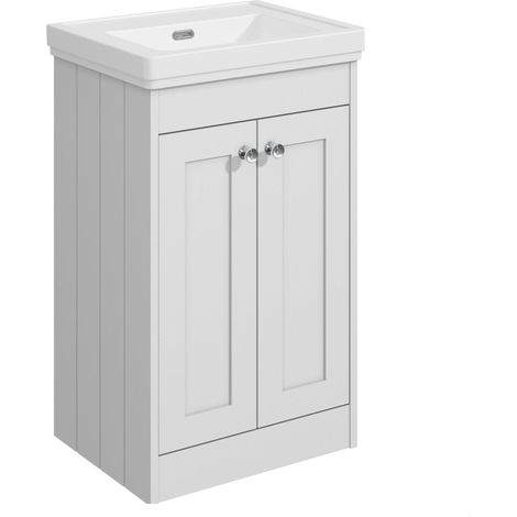 Balterley Butterton 500mm Floor Standing 2 Door Unit with Classic Basin, No Tap Hole - Satin White