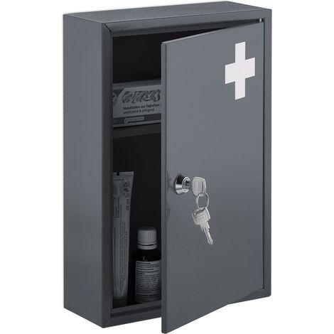 Relaxdays Medicine Cabinet, Lockable, 2 Compartments, HxWxD 32 x 21.5 x 9.5 cm, Wall Mount, First Aid, Metal, Grey/White
