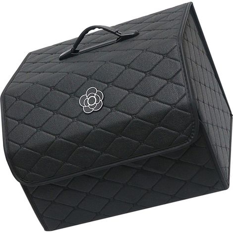 Coffre de Voiture Organisateur de Rangement Haute Capacité Boîte de Rangement Multifonction en Cuir PU Portable avec Couvercle Noir – Grande Taille (1/5)