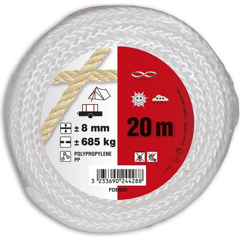 Corde Polypropylène tressée - Résistance à la Rupture Indicative 685 kg - Diamètre 8 mm - Longueur 20 m - Blanc