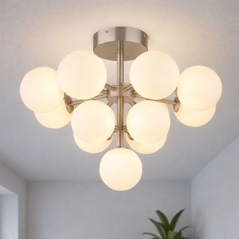 Plafoniera 13 lampadine plafone globi di vetro bianco soggiorno luce moderna, metallo nichel opaco, 13x prese G9, DxH 56x43 cm (1/5)