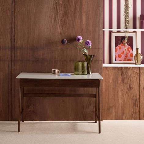 Bureau décor bois piétement bois d'hévéa 2 tiroirs noyer - Tommy