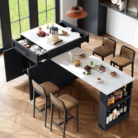 Ensemble table et chaises salle à manger 130x200x70x90, extensible avec rangements et tablette latérale Table de cuisine et chaises (1/5)