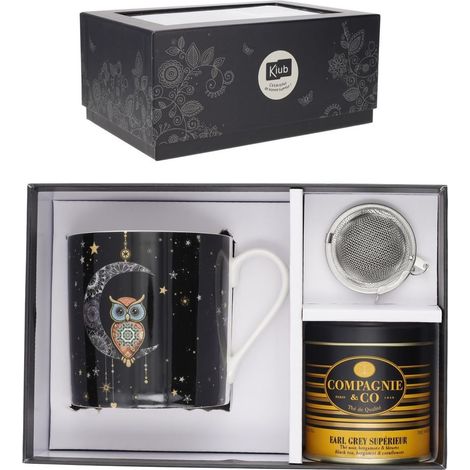 JUEGO TAZA BUHO 425ML + INFUSOR + LATA DE TE + CAJA REGALO