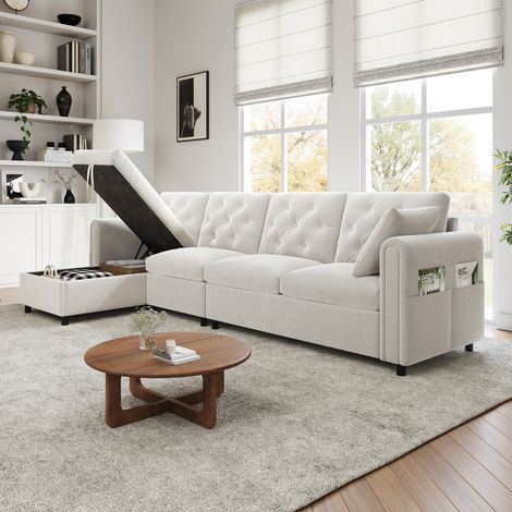 Canapé moderne en velours avec rangement d’angle L réversible,poches chargeurs sur accoudoirs,dossier boutonné. Beige. (281×86×71 cm) (1/5)