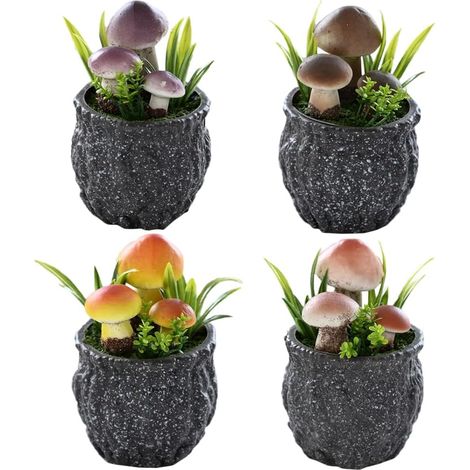4pièces Figurines De Champignons Artificiels Faux Bonsaïs Pot Décor pour Bureau Et Intérieur sans Entretien