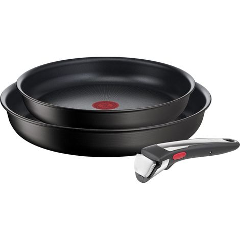 Tefal Ingenio Unlimited On - Set di 2 padelle + manico estraibile: padelle da 22 e 26 cm, manico intercambiabile, padelle antiaderenti, rivestimento titanio, Thermo-Signal, colore: Nero (1/4)