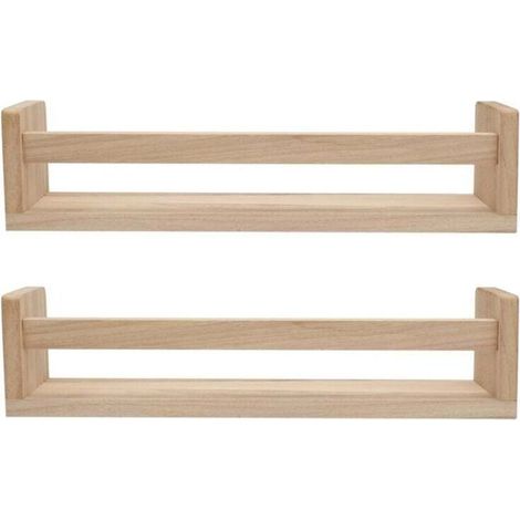 Étagère Murale Flottante En Bois Naturel 2 Pièces Bibliothèque Enfant Chambre Décor Bain Épices Cuisine (1/4)