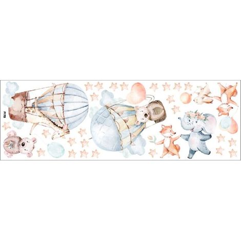 Autocollant mural décoratif pour enfants, montgolfière avec animaux de dessin animé, n'attaque pas le mur, réutilisable, résistant aux rayures et à l'eau, amovible, 90x30 cm, multicolore