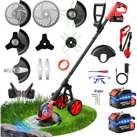 Débroussailleuse Electrique sans Fil 12", Coupe-Bordure Électrique sur Batterie 2×21V 3.0Ah avec Roues, 4 Types Lames Interchangeables, Tondeuse Multifonction 4-en-1 Dresse-Bordures pour Jardin (1/5)