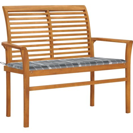 Gartenbank Graue Karomuster-Auflage 112 cm Massivholz Teak