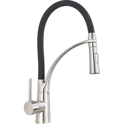 Robinet d'évier de cuisine, design à tirage, construction en laiton durable, Nickel brossé (1/2)