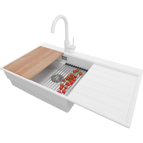 PRIMAGRAN Evier Cuisine en Granit 90x50cm,Lavabo 1 bac + Robinet 32x20cm + Kit de Vidage + Accessoires, Évier à Encastrer au meuble 60cm - Sydney, Blanc (1/5)