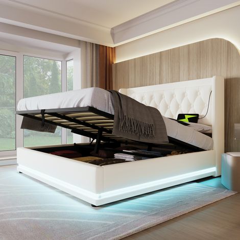 Bett Doppelbett Stauraum 160x200 PU Weiß OKMYHOME (1/5)