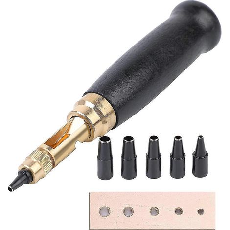 Perforatrice à vis réglable, 6 tailles d'embouts, pour le travail du cuir et du papier, perforatrice à vis réglable, perforatrice pour cuir, perforatrice pour ceinture, perforatrice à manche en bois (1/5)