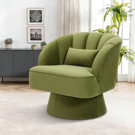 Fauteuil Pivotant 360° en Velours Vert, Dossier Rayé et Accoudoirs (1/5)