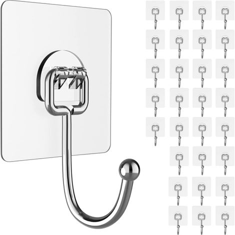 Crochets Adhésifs Mural Solides Grande Capacité 20kg(MAX), Lot de 30 Sans Perçage, Démontables et Sans Trace, Imperméables et Antirouille, Multiusage pour Salle de Bain, Cuisine, Maison