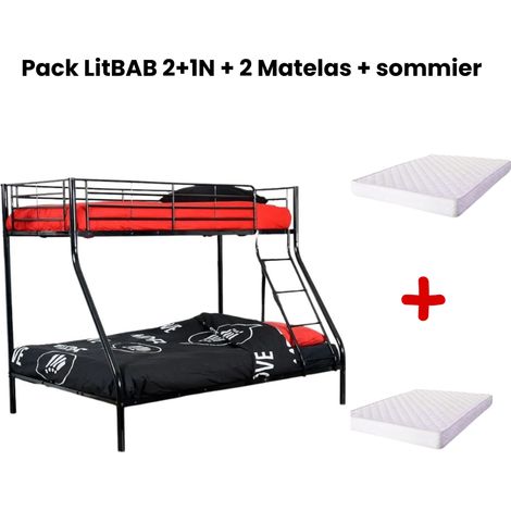 Pack: Lit superposé en métal sommier inclus + 2 Matelas 90/140x190 cm, 3 places Noir COSTO (1/4)