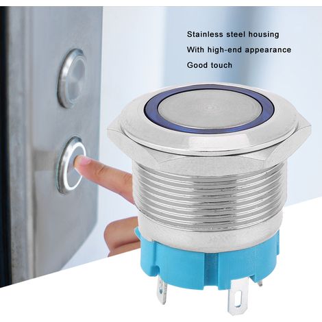 Lot de 2 interrupteurs à bouton poussoir auto-verrouillants 4 broches à anneau lumineux 22mm IP65 acier inoxydable pour modification bateau voiture bleu 3-6V DC (1/5)