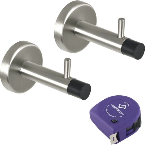 vasalat Türstopper Wand mit Dämpfer - Tür Stopper Wand mit Gummipuffer und Haken ø 14mm, Länge 82mm, Türpuffer zum Schutz von Wand & Tür, Edelstahl matt - 2 Stück (1/4)