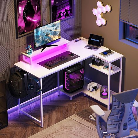L-förmiger Eckschreibtisch, 122x80 cm, Gaming-Tisch mit RGB-Beleuchtung, platzsparender Computertisch mit Monitorhalter, Haken und Ablagefach, ideal für Homeoffice, Eiche-Weiß (1/5)