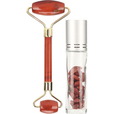 Rouleau de massage visage Jadestone rouge, drainage lymphatique anti-rides, galet sculptant peau avec flacon d'huile essentielle (1/5)