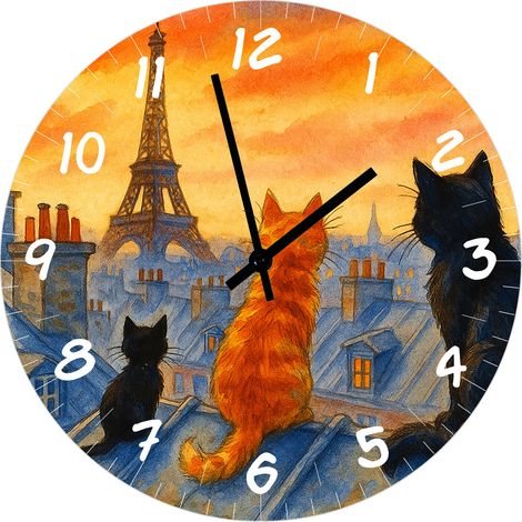 Horloge ronde en verre Chats sur les toits de Paris (1/2)