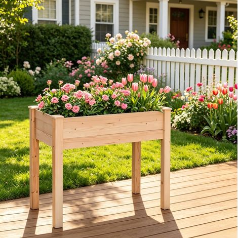 Jardinera elevada de madera con forro de tela 86 cm OKMYHOME (1/5)