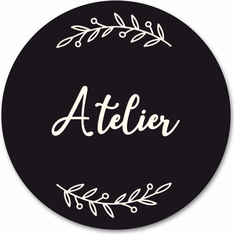 Plaque de Porte Autocollante PVC Gravé Noir Blanc Ronde.-  - Atelier (1/5)