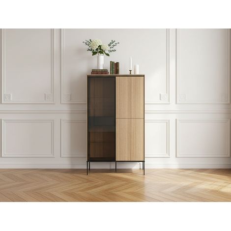 Bobochic – Meuble vitrine 3 portes H.156 cm – Effet chêne et verre fumé – Éclairage LED intégré – Style industriel avec pieds métal noir (1/5)