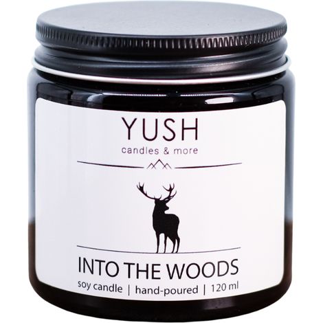 Into the Woods - candela profumata alla soia, profumo di bosco, ambra, menta - yush - 120 ml (1/4)