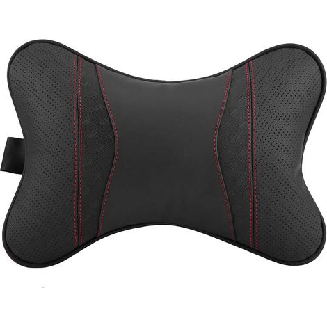 EVGATSAUTO Accessoires de voiture Coussin de soutien de voiture en cuir Appui-tête de siège Coussin de repose-tête Coussin de soutien (Cuir noir Ligne rouge) (1/5)