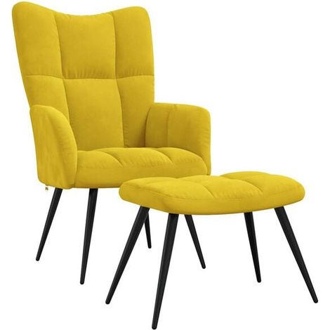 Un fauteuil en velours jaune moutarde avec un repose-pieds. (1/5)