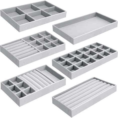 Pcs Plateaux Rangement, Peut Stocker/Afficher, Organisateur Tiroir a 6 Tailles Différentes, Plateau Bijoux Velour pour Bague/Collier/Bracelet (Gris) (1/5)