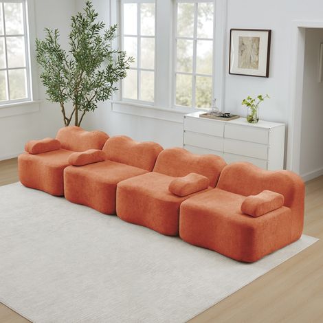 Divano modulare 4 posti, divano angolare senza struttura dal design ondulato per soggiorno, rivestimento in velluto premium in stile contemporaneo, 384x98x70 cm, Arancione (1/5)