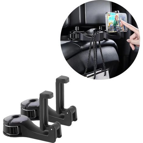 Paquet de 2 crochets pour appuie-tête de voiture, peuvent être utilisés comme supports de téléphone portable, 360°, adaptés aux sacs, tissus, nourriture, faciles à transporter (noir) (1/5)