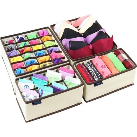 Lot de 4 rangements pliables pour tiroir - Pour sous-vêtements, chaussettes, cravates, écharpes et mouchoirs - Boîtes avec cloisons de séparation (1/4)