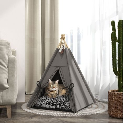 Tipi Katzenbett (60x60x76 cm), mit weichem waschbarem Kissen, rutschfester Bodenmatte, Polyester, Grau (1/5)