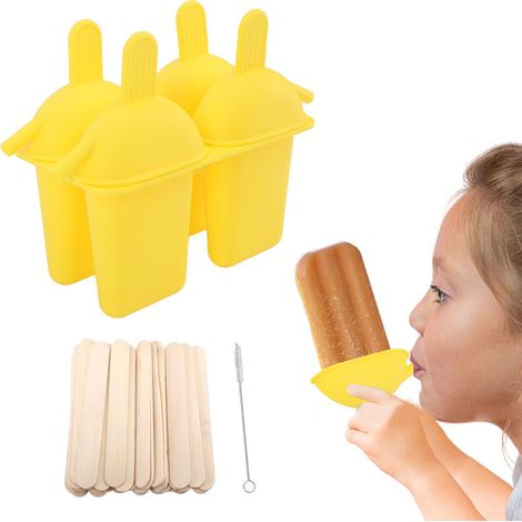 Kreative Silikon-Eiswürfelform mit 4 Mulden, inklusive Boden und Strohhalm – DIY-Eiswürfelform (Gelb) (1/5)