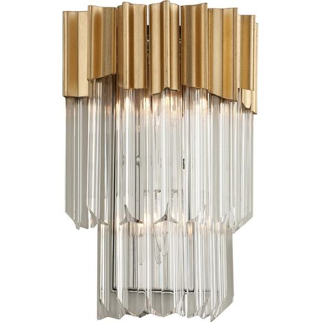 Charisma Applique murale à 2 ampoules en acier inoxydable poli à la feuille d'or, cristal
