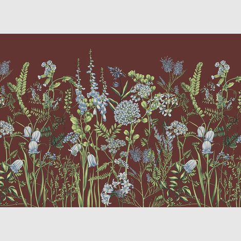 Papier peint intissé - Fleurs de vesce sur fond rouge bordeaux - 375x270 cm (1/5)