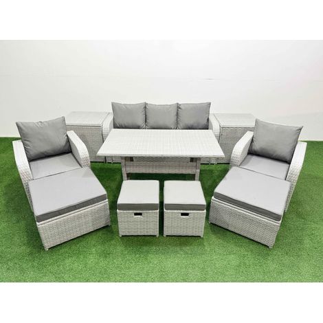 Fimous PE Rattan Lounge Sofa Set 9 Seater Outdoor Garden Furniture Set with Dining Table 3 Seater Sofa 2 Big Footstools 2 Side Tables Light Grey (1/4)