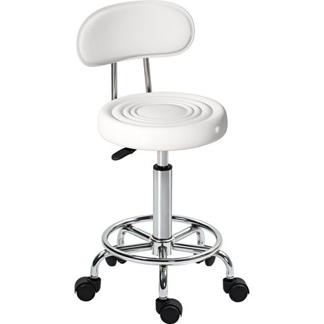HOMCOM taburete giratorio taburete con ruedas y respaldo taburete de trabajo con altura regulable 70-86 cm asiento tapizado de cuero sintético blanco