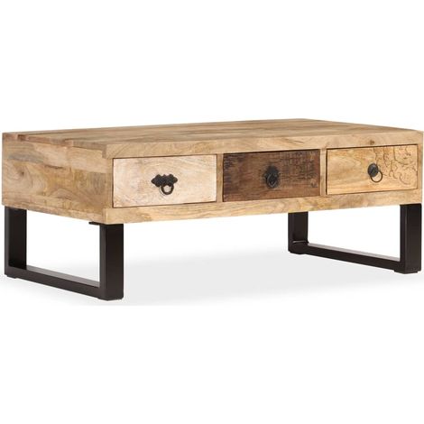 Vidaxl – Table basse fixe 90x50x35 cm – Bois de manguier massif – 3 tiroirs – Style vintage avec pieds en acier (1/5)