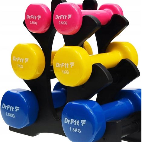 Hantelset mit Ständer, Gummigewichte, farbig, 6-teilig, verschiedene DrFit-Gewichte, 6 kg