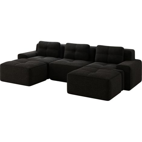 Canapé modulaire en velours côtelé noir 3 places avec ottomane et assise profonde (1/5)