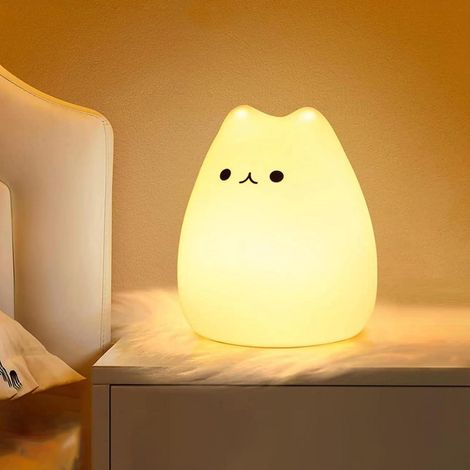 Veilleuse Cadeau, 7 Couleurs Rechargeable Chat, Veilleuse LED Kawaii, Fonction Minuterie Lampe Chevet Silicone, Tactile Enfant/Bébé (1/5)